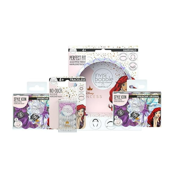 Invisibobble Disney Princess Ariel Hair Accessories Bundle, 10-Piece Set - HairHalo Adjustable Headband, No-Ouch Coil Traceless Hair Ties, Sprunchie Spiral Hair Ring Scrunchie Stylish Bracelet