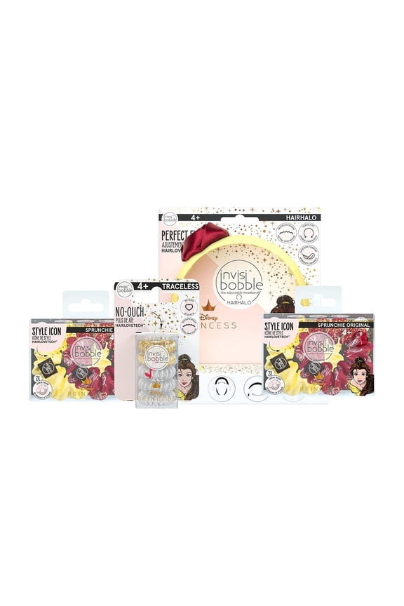 Disney Princess Belle Hair Accessories Bundle, 10-Piece Set - HairHalo Adjustable Headband, No-Ouch Coil Traceless Hair Ties, Sprunchie Spiral Hair Ring Scrunchie Stylish Bracelet