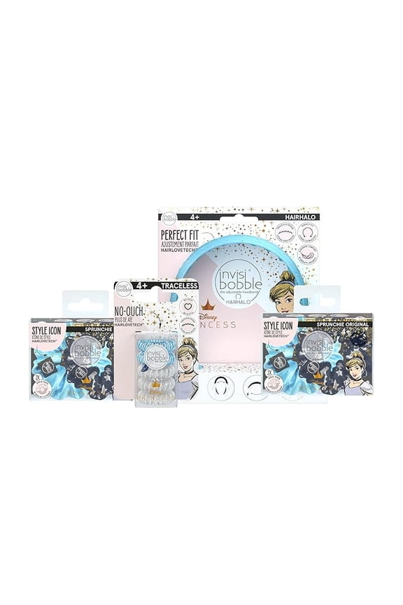 Disney Princess Cinderella Hair Accessories Bundle, 10-Piece Set - HairHalo Adjustable Headband, No-Ouch Coil Traceless Hair Ties, Sprunchie Spiral Hair Ring Scrunchie Stylish Bracelet