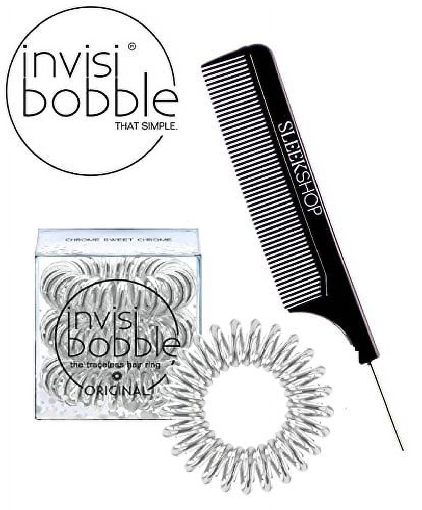 Invisibobble Traceless Hair Ring (with Sleek Steel Pin Tail Comb) (Original / Chrome Sweet Chrome - 3 pack)