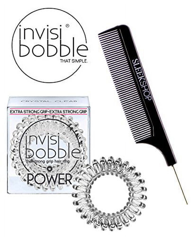 Invisibobble Traceless Hair Ring (with Sleek Steel Pin Tail Comb) (Power / Clear - 3 pack)