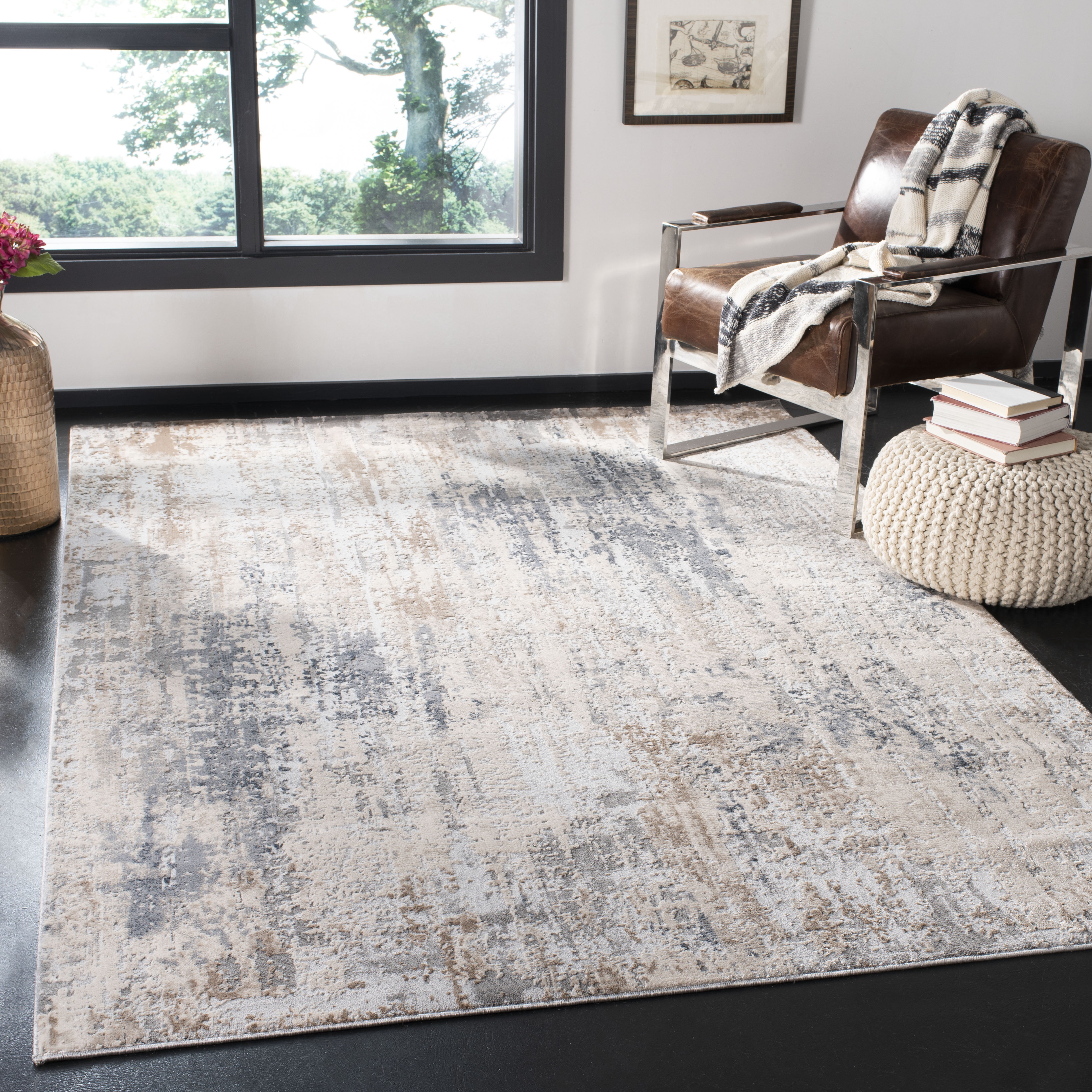 Invista 6'7" Square Gray and Cream Abstract Area Rug