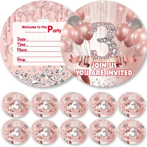 Invitations Cards 3rd Rose Gold Glitter Theme Birthday Party Favors Invites Greeting Supplies Decorations Fill in 10ps