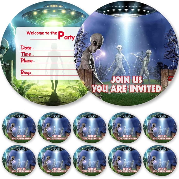 Invitations Cards Alien Space UFO Glitter Theme Birthday Party Favors Invites Greeting Supplies Decorations Fill in 10ps