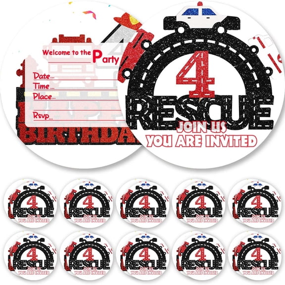 Invitations Cards Fire Truck 4th Glitter Theme Birthday Party Favors Invites Greeting Supplies Decorations Fill in 10ps