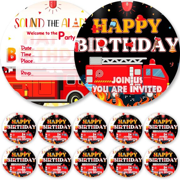 Invitations Cards Firetruck Firefighter Fire Truck Glitter Theme Birthday Party Favors Invites Greeting Supplies Decorations Fill in 10ps