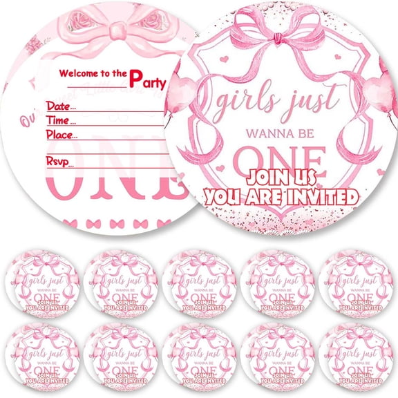 Invitations Pink Bow 1st First One Glitter Theme Cards Invites Greeting Birthday Party Favors Supplies Decorations Stock Bulk Fill in 10pcs