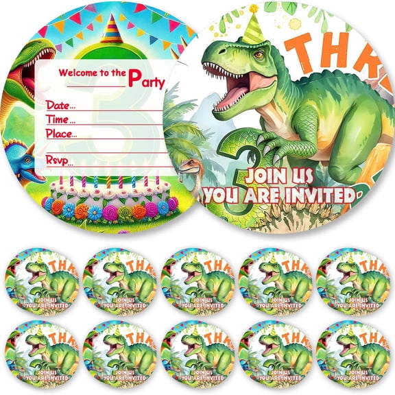 Invitations Three Rex Dinosaur 3rd Glitter Theme Cards Invites Greeting Birthday Party Favors Supplies Decorations Stock Bulk Fill in 10pcs