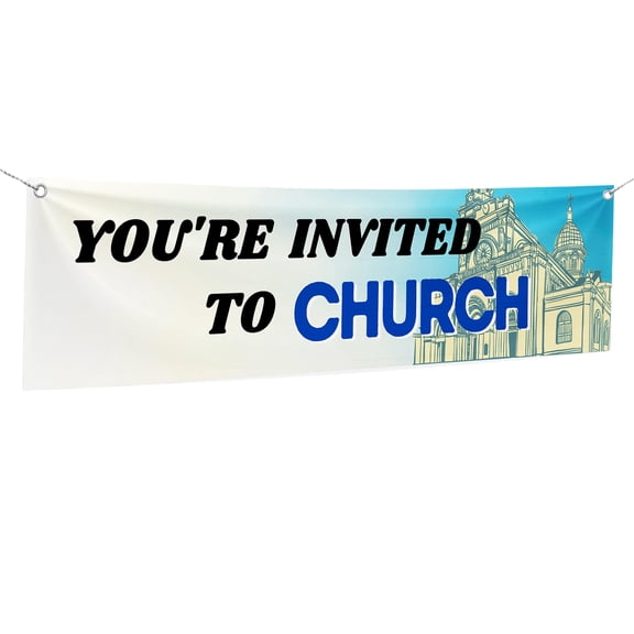 You're Invited to Church Large Banners and Signs for Outdoor by DreamController-Polyester Banner with 4 Holes for Easy Hang Indoor & Outdoor|4x1 Feet HD Banner to Promote Church| Made in USA