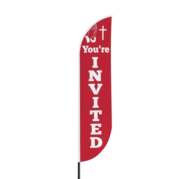 You're Invited Sign feather flag for Outdoor by Mavis Printing | 11.5 FEET Long Polyester Outdoor Banner Flag for Easy Hang | HD Print Swooper I Flag Only to Promote Church ActivityI Flag Only