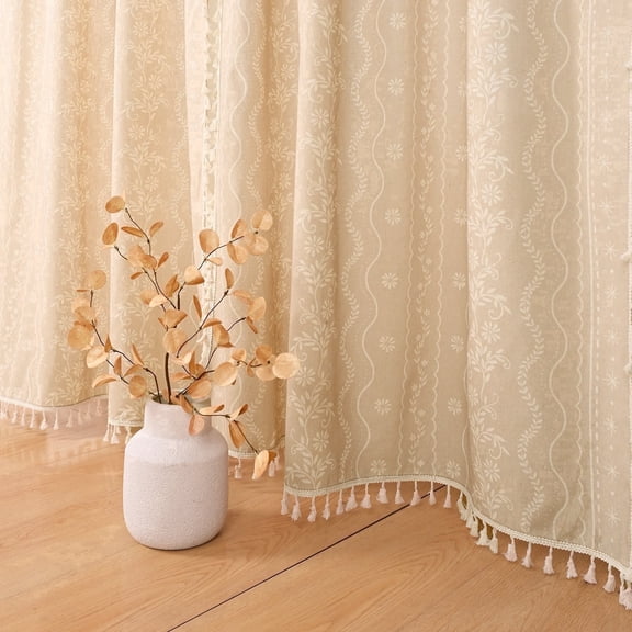 Invoibler Boho Farmhouse Beige Filtering Window Curtains, Linen Blend Drapes with Tassels & White Pattern, 52" x 84", Set of 2