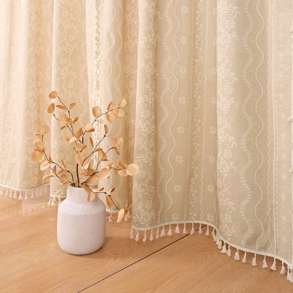Invoibler Boho Farmhouse Beige Filtering Window Curtains, Linen Blend Drapes with Tassels & White Pattern, 52" x 84", Set of 2