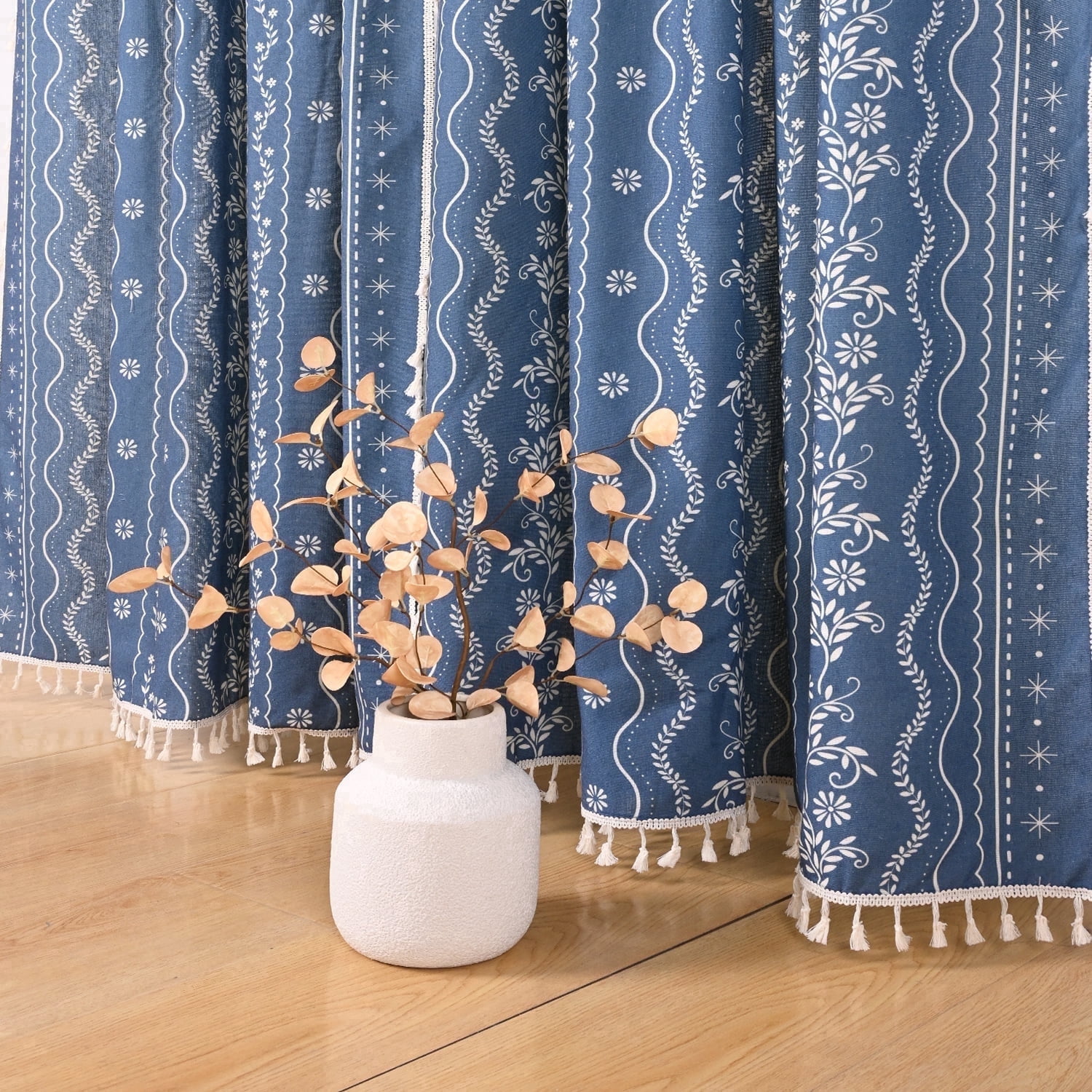 Invoibler Boho Farmhouse Blue Filtering Window Curtains, Linen Blend Drapes with Tassels & White Pattern, 52" x 63", Set of 2