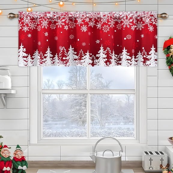 Invoibler Red Christmas Window Valance, Snowflake Snowy Pine Tree Rod Pocket Kitchen Curtain Valance, Xmas Decor Valance for Bathroom Cafe, 52"W x 18"L, 1 Panel