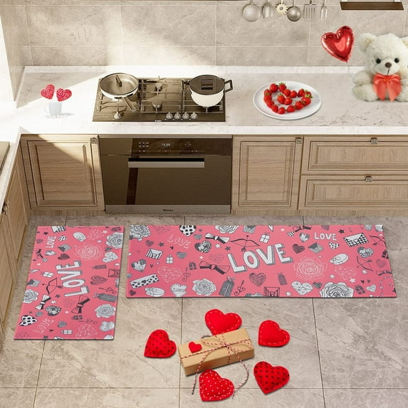 Invuni Multifunctional Long Strip Love Rugs Valentine''s Day Non-Slip Backed Mat Love Doormat, Pink Kitchen Mats Set of 2 (17" X 47"+17" X 30")