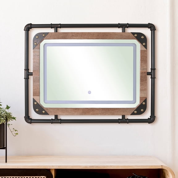 Inyo Metal Wall Mirror with LED Light, Brown