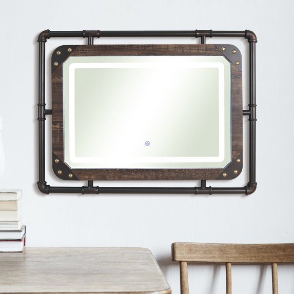 Inyo Metal Wall Mirror with LED Light, Dark Brown