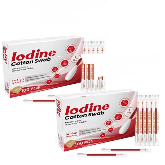 Iodine Cotton Swabs 100PCS Individually Packed, Medical Grade Disinfection Solution for Wounds, Skin Injection, First Aid and Everyday Use (2)