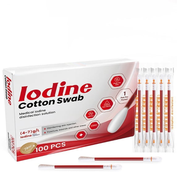 Iodine Cotton Swabs 100PCS Individually Packed, Medical Grade Disinfection Solution for Wounds, Skin Injection, First Aid and Everyday Use