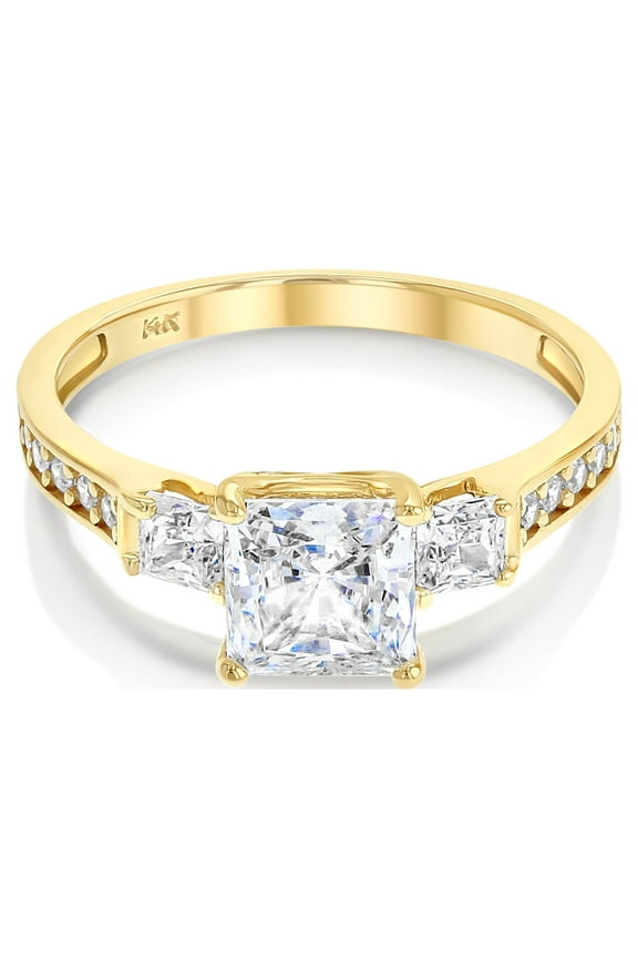 - 1.5 Ct. Cubic Zirconia CZ 3 Stone Princess Cut Engagement Ring Solid 14K Yellow Gold With Stones in Band - Size 6.5 - Size 6.5
