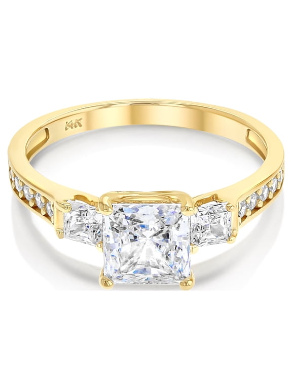 - 1.5 Ct. Cubic Zirconia CZ 3 Stone Princess Cut Engagement Ring Solid 14K Yellow Gold With Stones in Band - Size 6.5 - Size 6.5