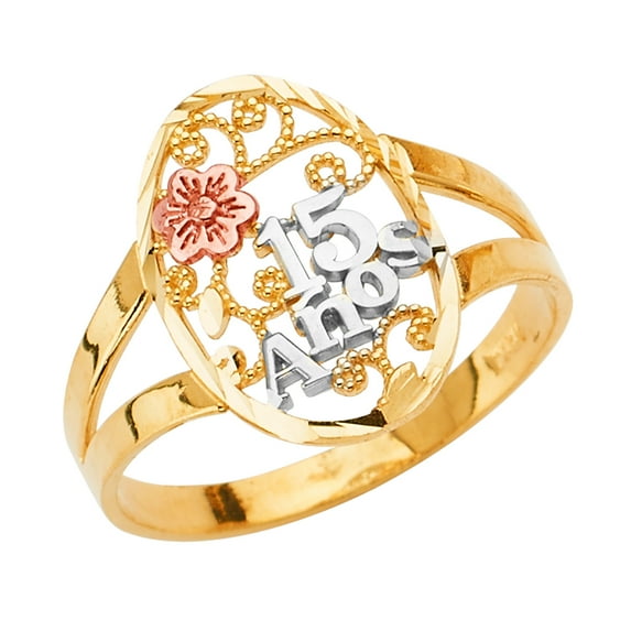 Ioka -14K Solid Tri Color Gold Sweet 15 Anos 15 Years Birthday Quinceanera Flower Ring - size 4