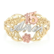 Ioka -14K Solid Tri Color Gold Sweet 15 Anos 15 Years Birthday Quinceanera Flower Ring - size 7