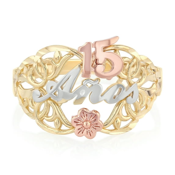 Ioka -14K Solid Tri Color Gold Sweet 15 Anos 15 Years Birthday Quinceanera Flower Ring - size 8