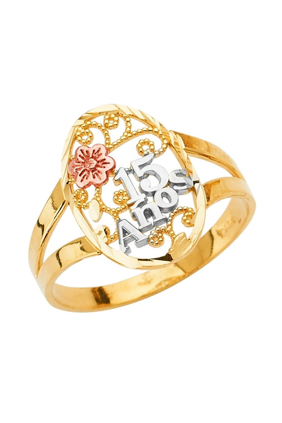 -14K Solid Tri Color Gold Sweet 15 Anos 15 Years Birthday Quinceanera Flower Ring