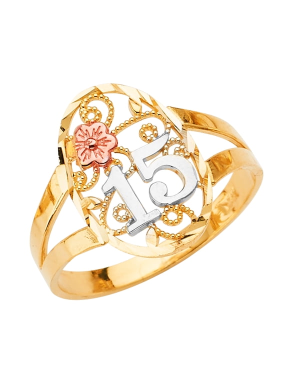 -14K Solid Tri Color Gold Sweet 15 Anos 15 Years Birthday Quinceanera Flower Ring