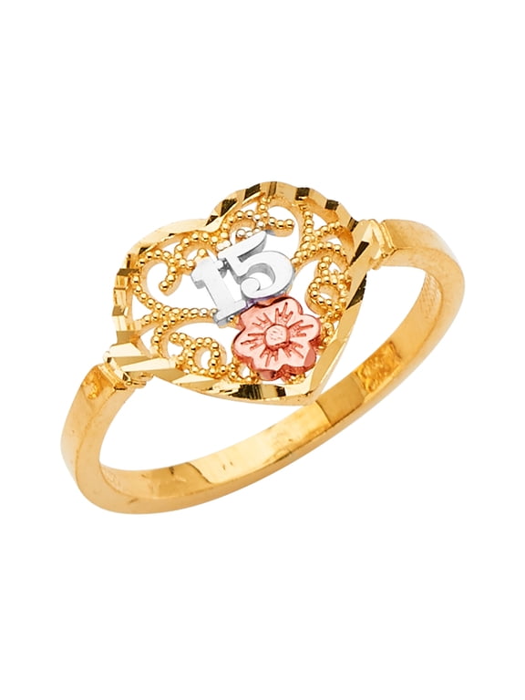 -14K Solid Tri Color Gold Sweet 15 Anos 15 Years Birthday Quinceanera Heart Cut Ring - size 6