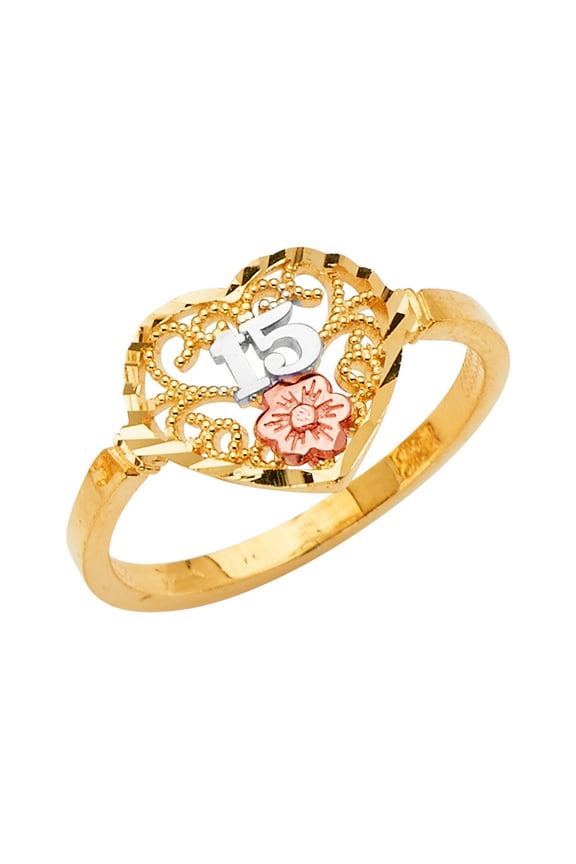 -14K Solid Tri Color Gold Sweet 15 Anos 15 Years Birthday Quinceanera Heart Cut Ring - size 8