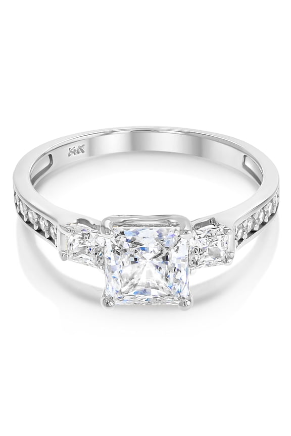 - 14K Solid White Gold 1.5 Ct. Princess Cut 3 Stone CZ Engagement Ring With Stones in Band - Size 6