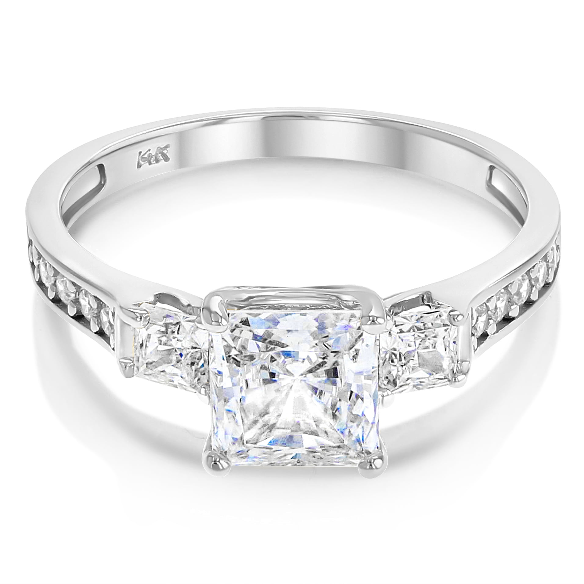 Ioka - 14K Solid White Gold 1.5 Ct. Princess Cut 3 Stone CZ Engagement Ring With Stones in Band - Size 9