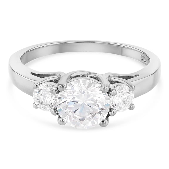 Ioka - 14K Solid White Gold 1 Ct. 3 Round Tri Stone CZ Wedding Engagement Ring - Size 6.5