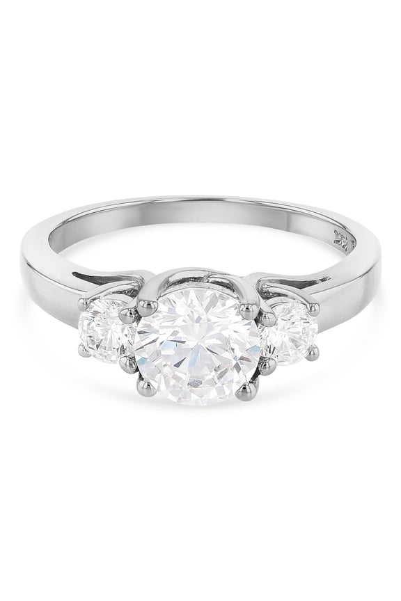 - 14K Solid White Gold 1 Ct. 3 Round Tri Stone CZ Wedding Engagement Ring - Size 9