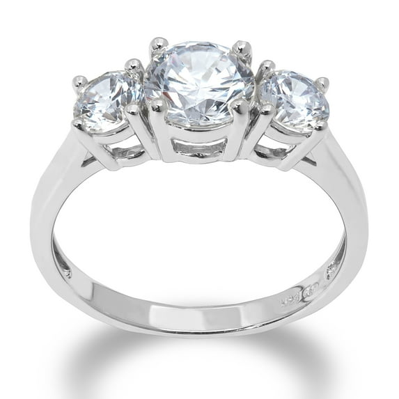 Ioka - 14K Solid White Gold 1 Ct. 3 Stone Round Solitaire With Stones on Band CZ Engagement Ring - Size 4