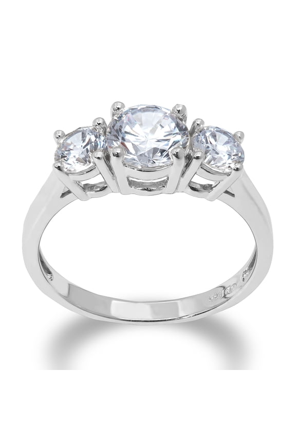 - 14K Solid White Gold 1 Ct. 3 Stone Round Solitaire With Stones on Band CZ Engagement Ring - Size 7
