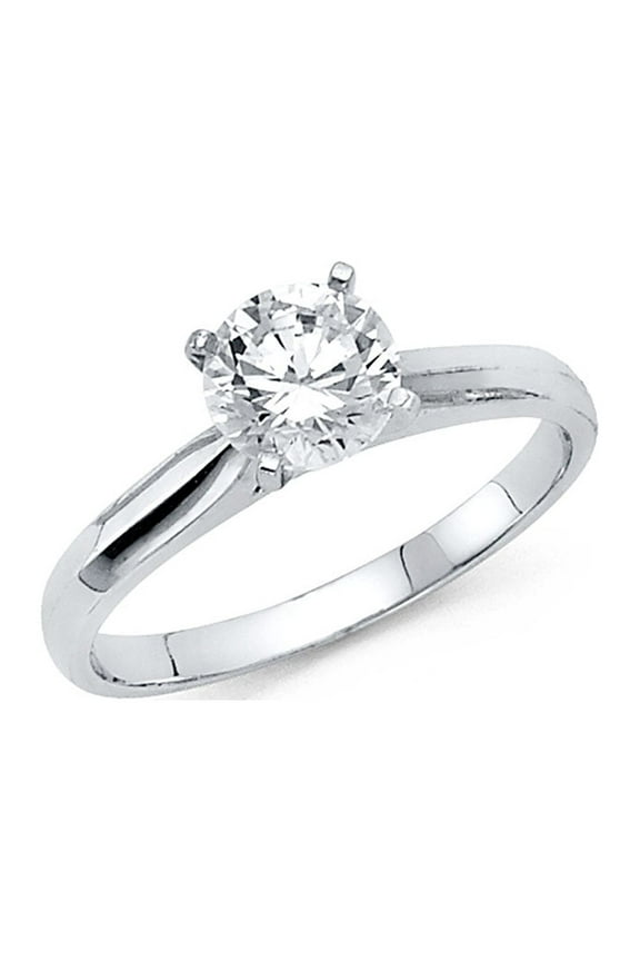 - 14K Solid White Gold 1 Ct. Round Solitaire With Stones on Band CZ Engagement Ring - Size 5