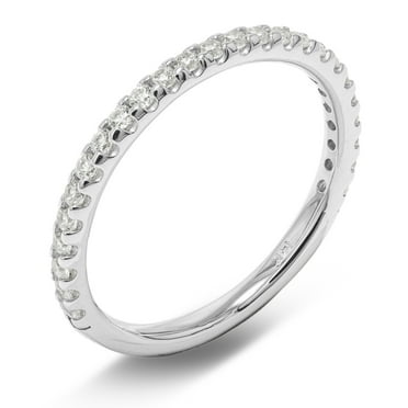 Ioka - 14K Solid White Gold 2MM CZ stones Women's Wedding Band Ring - Size 6.5