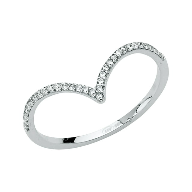 Ioka -14K Solid White Gold CZ V Shape Stackable Trendy Women's Ring - size 7.5