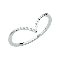 Ioka -14K Solid White Gold V Shape Diamond Cut Stackable Trendy Women's Ring
