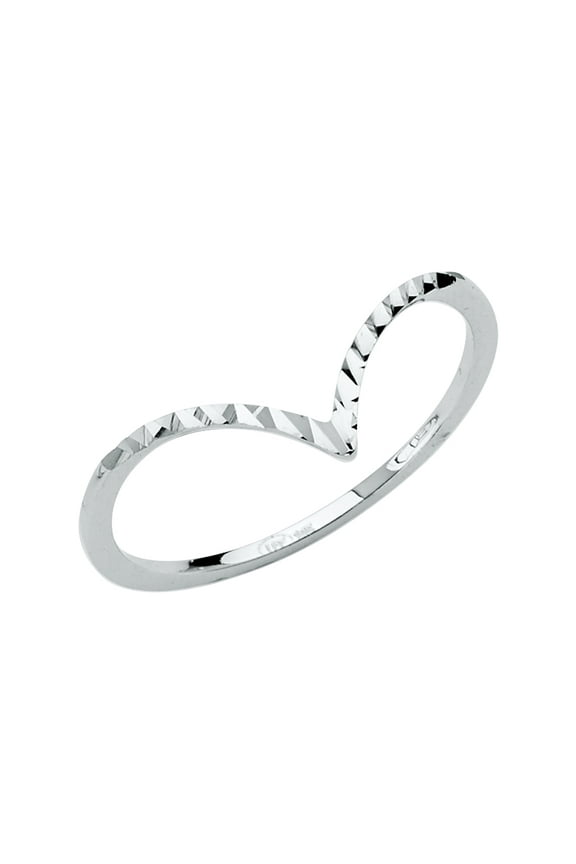 -14K Solid White Gold V Shape Diamond Cut Stackable Trendy Women's Ring