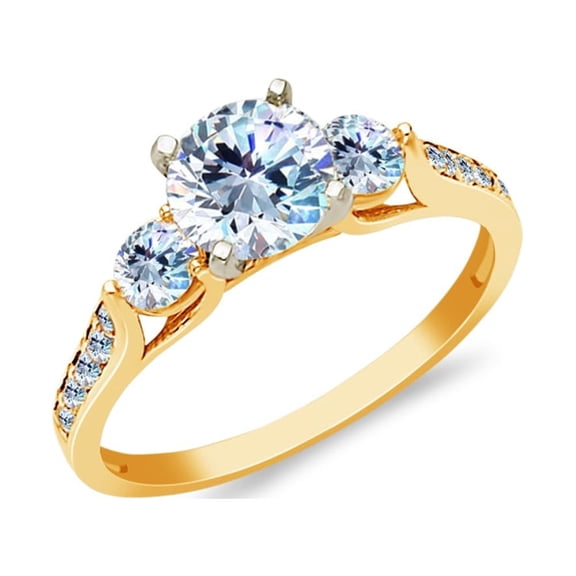 Ioka - 14K Solid Yellow Gold 0.75 Ct. 3 Round Cut Tri Stone CZ Wedding Engagement Ring - Size 6