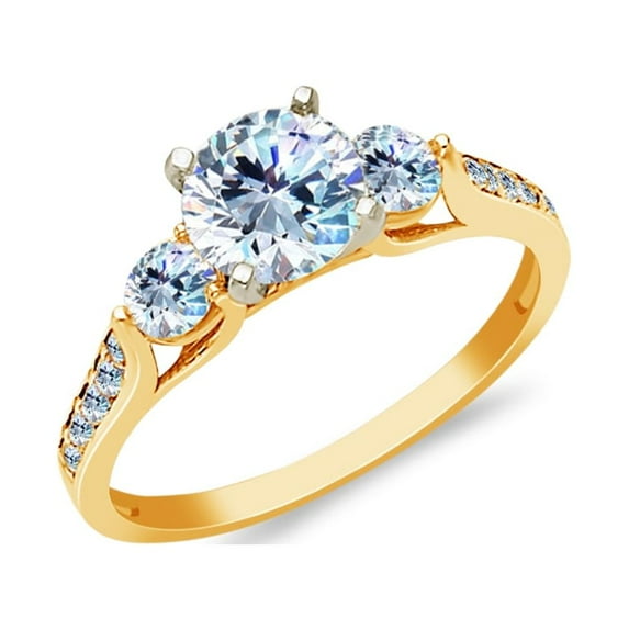 Ioka - 14K Solid Yellow Gold 0.75 Ct. 3 Round Cut Tri Stone CZ Wedding Engagement Ring - Size 6