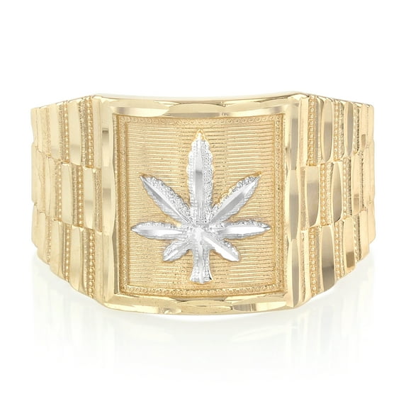 Ioka - 14K Solid Yellow Gold 14MM Marijuana Men's Ring - Size 10