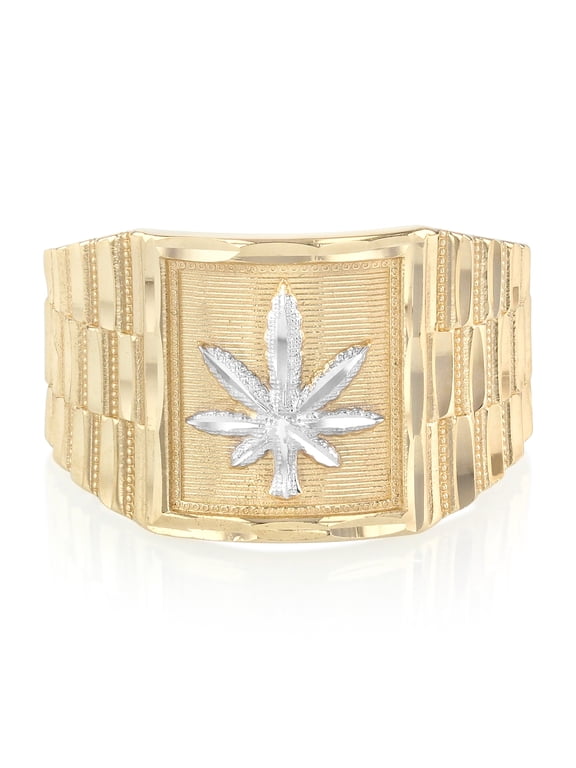 - 14K Solid Yellow Gold 14MM Marijuana Men's Ring - Size 11.5