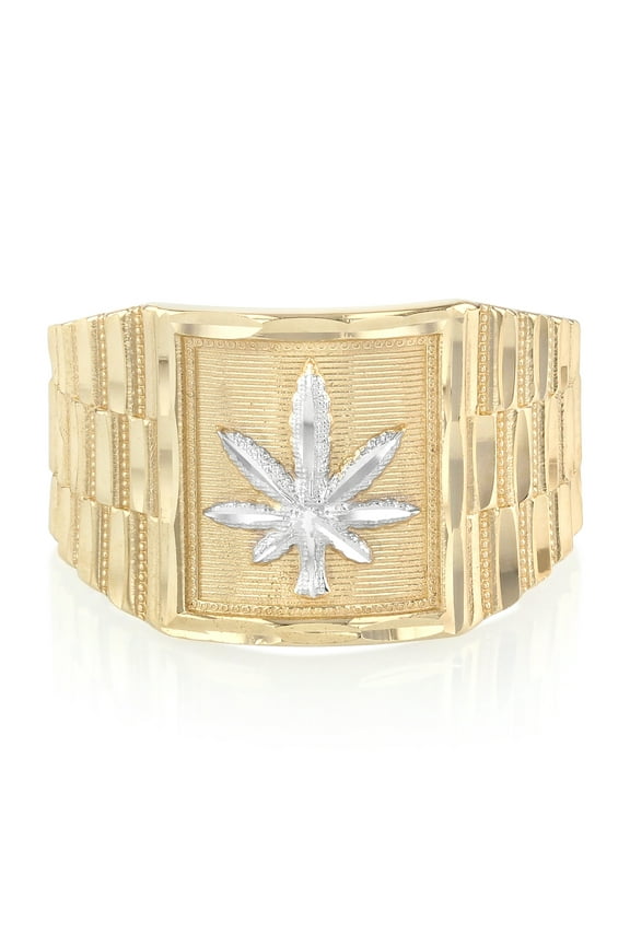 - 14K Solid Yellow Gold 14MM Marijuana Men's Ring - Size 8.5