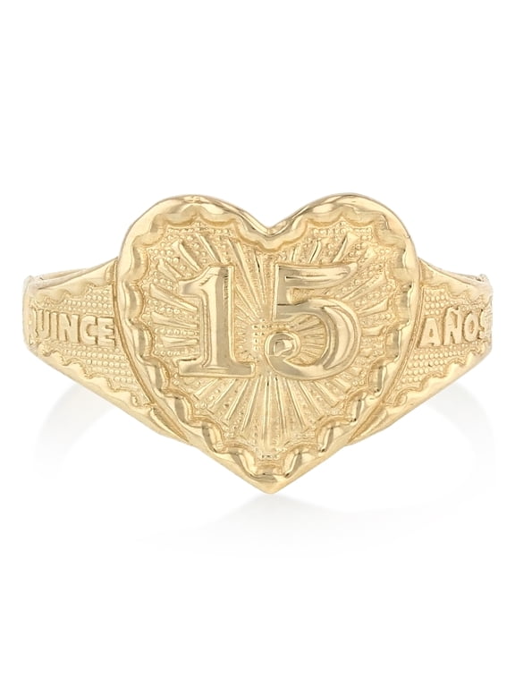 - 14K Solid Yellow Gold 15 Years Birthday with Heart Quinceanera Ring - Size 7