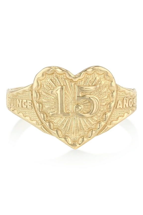- 14K Solid Yellow Gold 15 Years Birthday with Heart Quinceanera Ring - Size 7